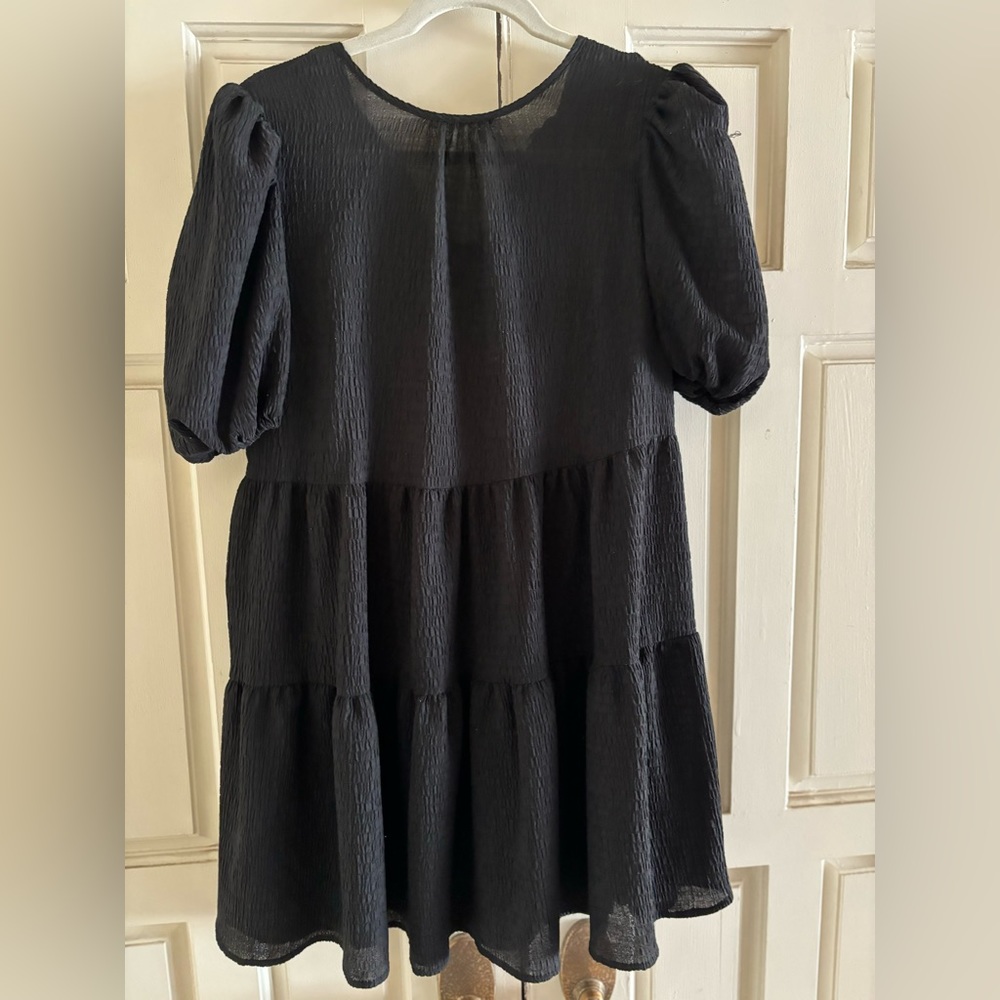 Kit & Sky Puff-Sleeve Ruffle-Hem Babydoll Dress Black Size Medium